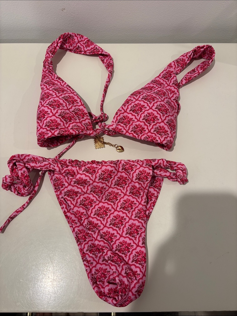 Floral Pink Triangle Bikini Set with Tie Sides